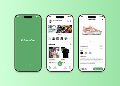 StoreOne – E-Commerce Fashion Apps android cloth detail product e commerce ecommerce fashion figma green homepage mobile mobile app modern product detail sell shoes store uiux
