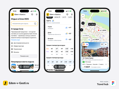 Sochi Travel Hub 2025 — Mobile Web Guide attractions booking booking hotel figma hotel location maps maps view mobile mobile design tourism travel ui ui design x uiux ux ux design weather web mobile website