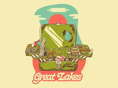 Great Lakes Tackle Box Merch Illustration bass fishing beach branding brewery design fish fishing illustration lake logo retro river summer vibes sun and sky tacklebox tee shirt design trout vintage