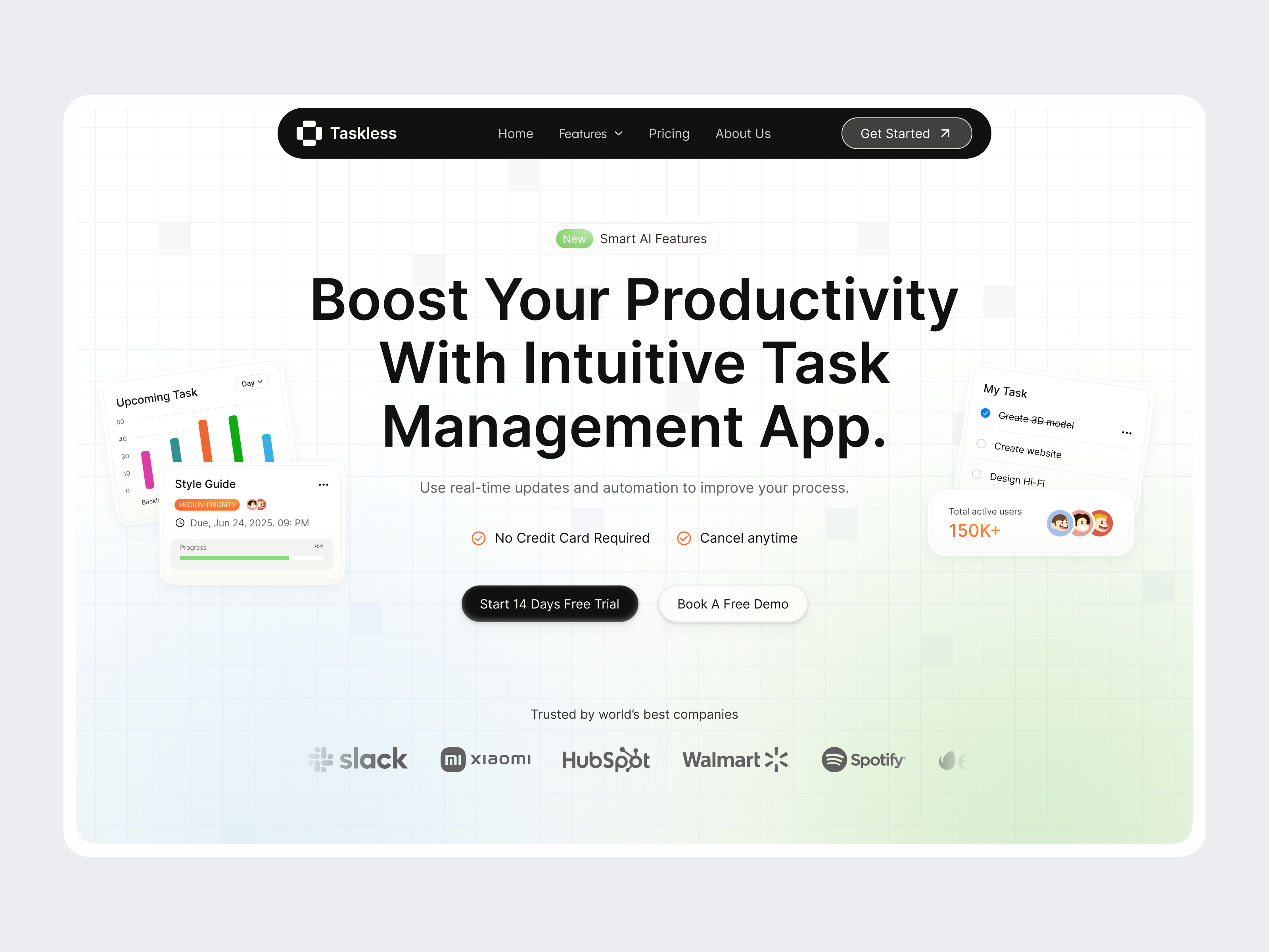 Taskless - Task Management Landing Page activity clean design design header landing page management management app planner product saas task task management ui uiux web design workflow
