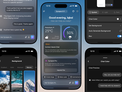 Synapse AI - Mobile App Preview (Dark Mode) ai ai assistant ai chatbot android app branding components dark dark mode design graphic design illustration ios logo mobile app ui ui design ux vector