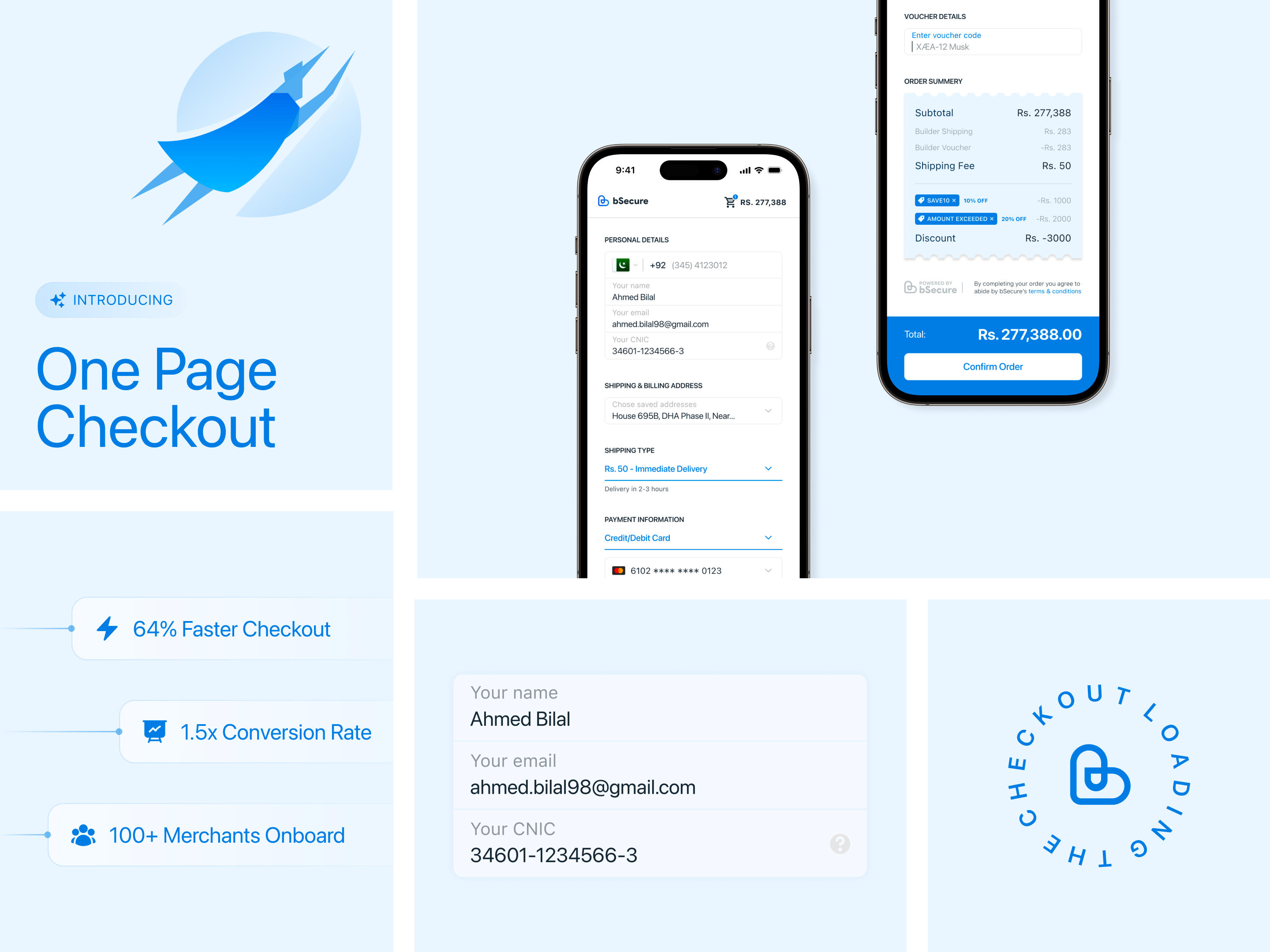 bSecure: One Page Checkout bento checkout conversion ecommerce fast fintech hiportfolio loading modal one page order payment product profile rate review saas secure shopping universal