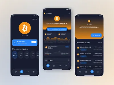 Bitcoin Mining Mobile App app design application bitcoin bitcoin mobile app bitcoinmining crypto cryptomobileapp mobile app ui uiux