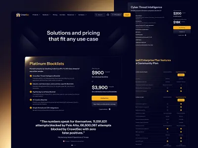 CrowdSec Pricing Page bullet points cards comparative cybersecurity dark design list marketing page plans pricing product quotes saas security table tech ui web website
