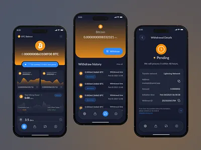 Bitcoin Mining App bitcoin bitcoin design crypto coin design crypto currency design crypto exchange design crypto mobile app cryptocurrency app design cryptocurrency design figma design professional design solana crypto design ui ui design uidesign ux design