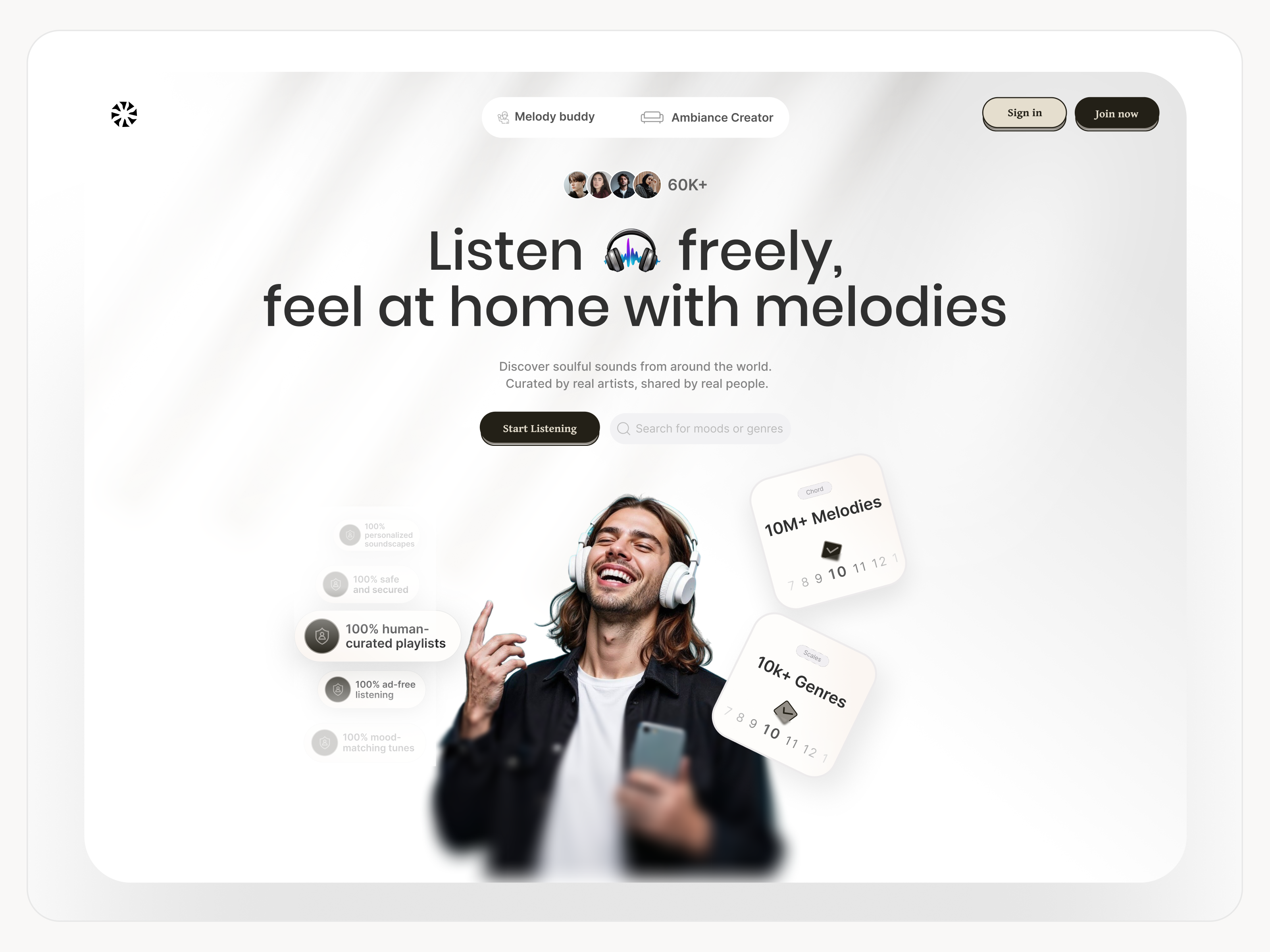 Music - Hero Design - Minimal 2025 composition design devdock home page interface minimal modern music record song sound cloud spotify startup streaming ui ui design web design web dev website