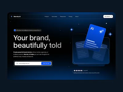 Narrato.ai home page 3d ai b2b dark design flat hero home layo page saas studio tool ui ux website