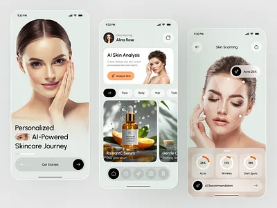 AI Skin Care App ai ai app aibasedskinanalysis aiskincare aiwellnessapp app app design beauty products beautyapp cosmetics healthtech ios mobile mobile app mobile ui product design skin care app skin treatment ui design uiux