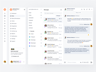 Multi-Channel Messaging Inbox UI avatar group channel filter chat bubble chat interface chat preview card dropdown menu icon buttons inbox inbox ui input field message thread messaging microcopy navigation omnichannel communication quick actions sidebar sidebar navigation status indicator tooltip