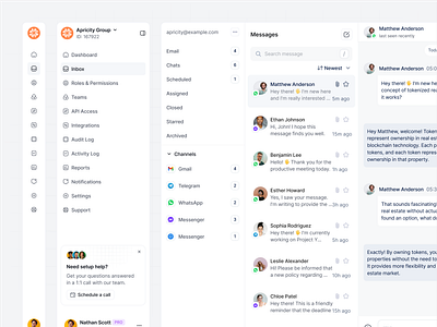 Messaging Dashboard for Multichannel Teams category list centralized inbox channel tags chat input field collaborative chat dashboard folder tabs inbox message app message preview card message timestamp messaging dashboard multi channel communication notifications profile avatar rich text area search bar sidebar menu thread panel vertical navigation