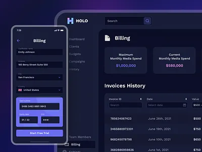 Holo - Clients page, Billing page analytics billing clients dark mode dashboard drumncode marketing dashboard mobile mobile design platform responsive team management ui design uiux user experience ux design web web app web design web development