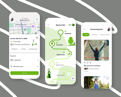 Ecoverse mobile app — The Greenest way to move app design bike community community hub design e bike map mobile app mobile design scooter scooter app ui uiux ux