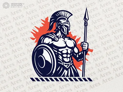 Ares god of war logo ancient warrior ares battle ready bold character logo branding gladiator mark god of war greek god identity greek mythology logo illustrated logo logo masculine branding mythological hero shield symbol spartan style spear emblem warrior logo