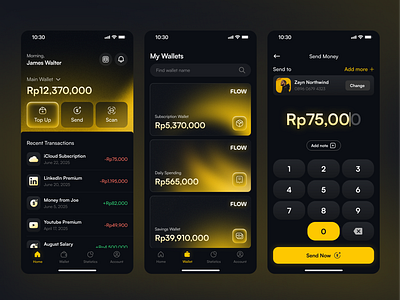 Flow – Digital Wallet Mobile App app dark elegant gold minimalist mobile money ui ux wallet yellow
