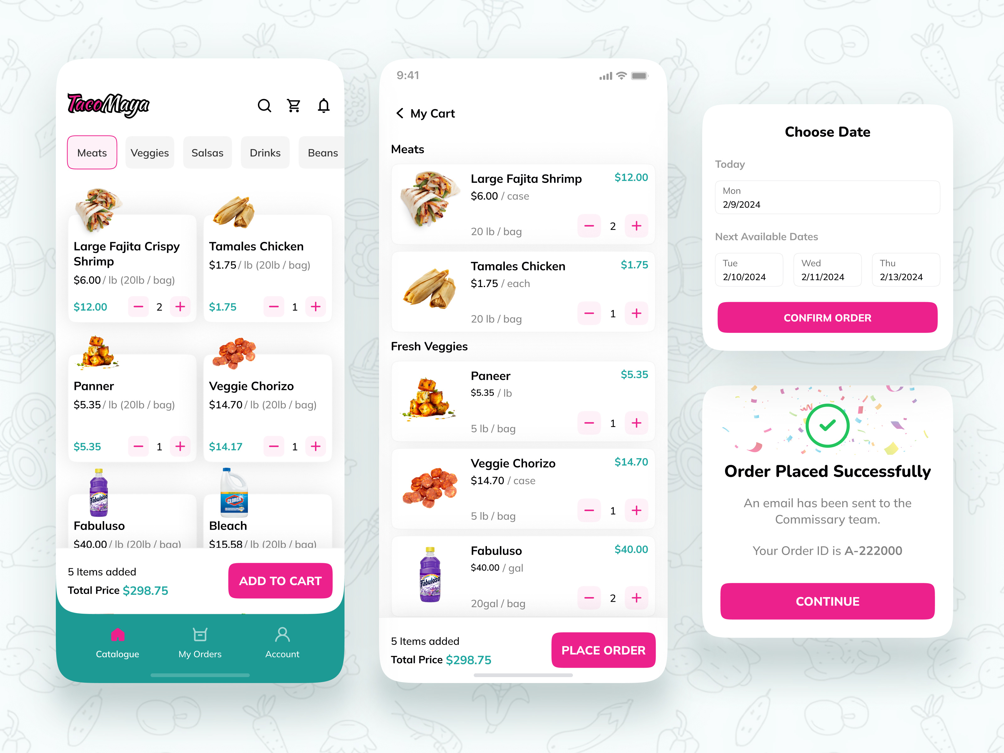 Track your Inventory! activity add to cart catalogue commissary delivery design inventory mobile app my cart my orders order id select date track ui ux strategy