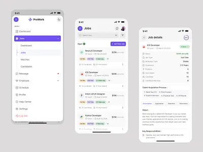 ProWork Mobile – Job Openings & Role Details in a SaaS HRMS candidate hiring dashboard hiring pipeline hr app design hr system hrms hrms dashboard design job job tracking app mobile app mobile ux product design prowork ui recruitment app responsive ui saas design ui ux web app web design