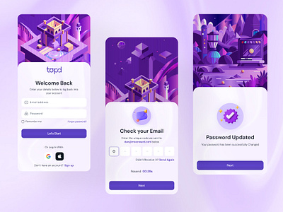 Modern Mobile UI Login Flow – for Secure Authentication 3dillustration apponboarding authenticationflow cleandesign darkthemeui emailverification figmadesign loginui mobileappdesign modernui passwordreset securelogin uiux userinterface uxdesign