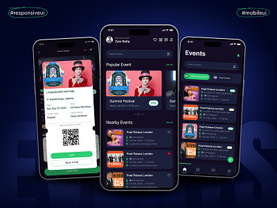Engaging Dark-Themed Event Booking App UI appdesign cleandesign darkmode designinspiration digitaldesign eventapp eventbooking interactiondesign mobileapp mobileexperience mobileui modernui ticketingapp uidesign uiux userinterface uxdesign visualdesign