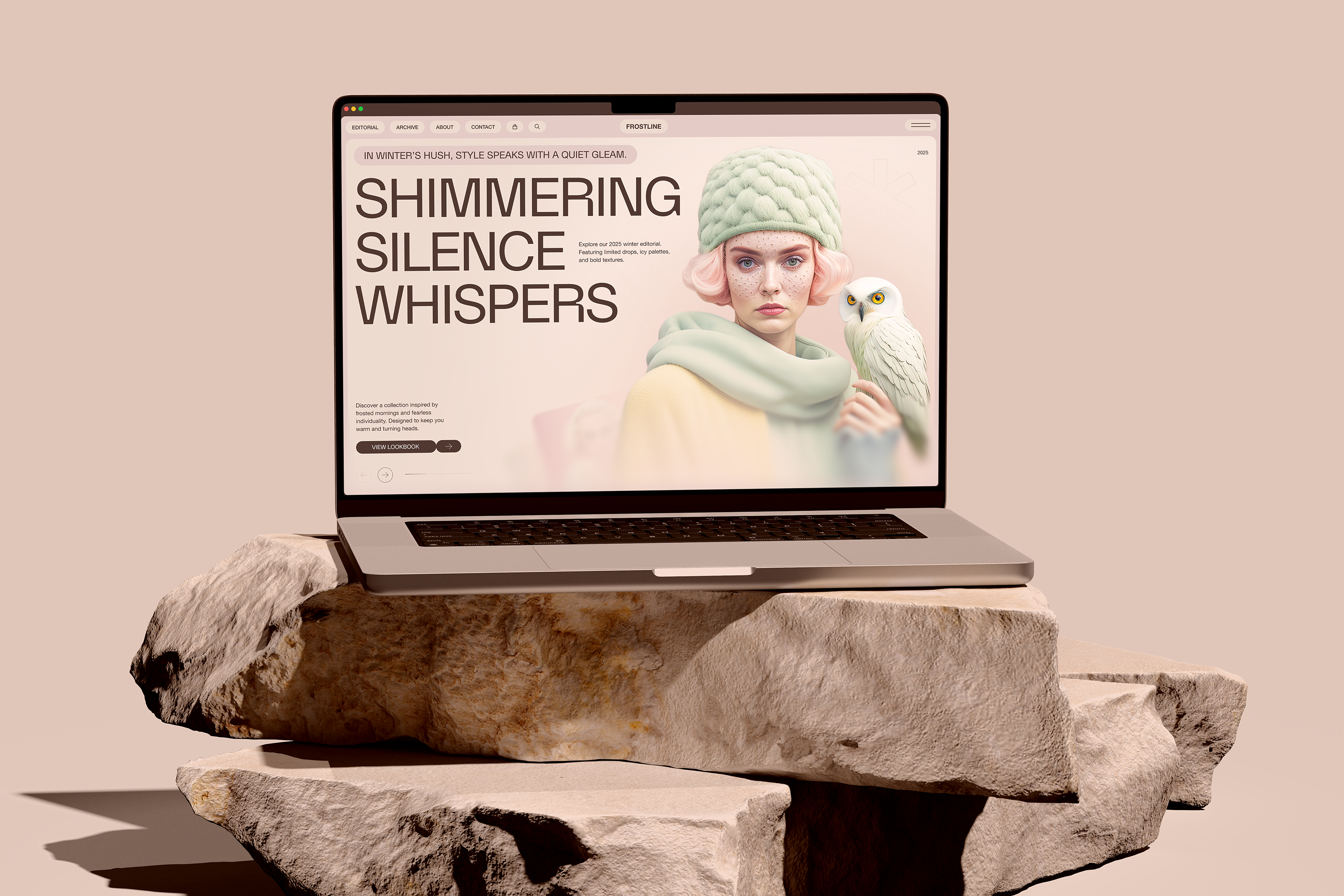 Editorial storytelling with a winter-inspired hero section animation boldtypography editorialdesign fashioneditorial fashionui graphic design herosection landing page lookbookdesign minimalui motion graphics pastelcolors ui uiuxdesign