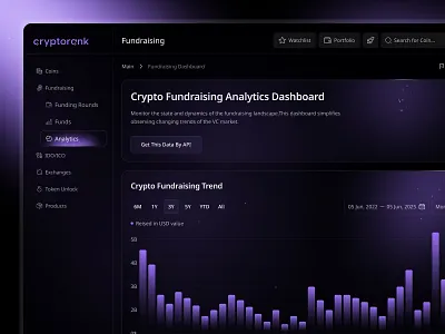 Crypto Fundraising Analytics blockchainui cryptodesign cryptouxui defitools fundraisinganalytics launchpadui productdesign tokenlaunch web design web site web3 web3ux