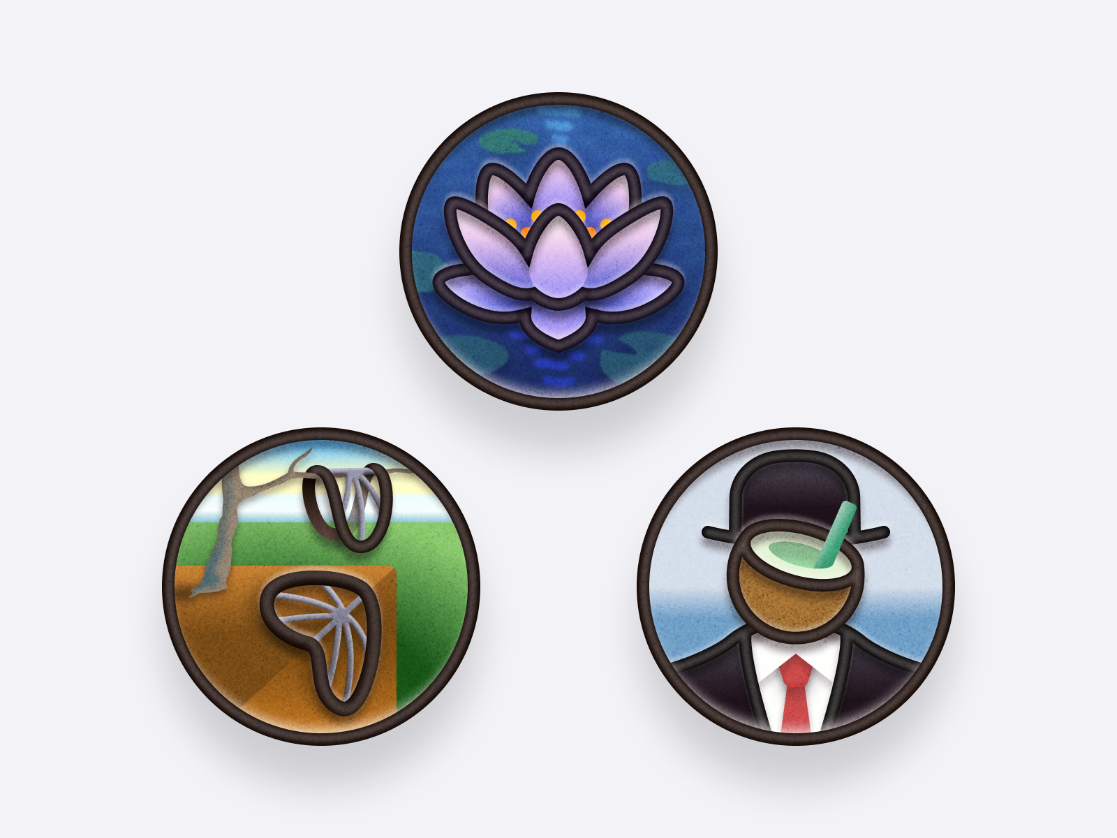 Badges 🪷🎩🚲 art badge coconut dali graphic design growapp icon illustration ios les nympheas logo lotus monet night oil painting pin sticker suit and tie water lily wheels