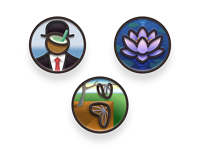 Badges 🪷🎩🛞 art badge coconut dali graphic design growapp icon illustration ios les nympheas logo lotus monet night oil painting pin sticker suit and tie water lily wheels