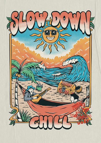 SLOW DOWN CHILL apparel beach branding chill clothing drawing graphic design handdrawn holiday illustration illustrator logo merchandise poster print design product design retro surfing tshirt vintage