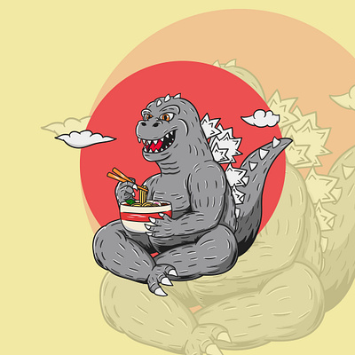 Godzilla eat ramen apparel cartoon design godzilla illustration t shirt design vector