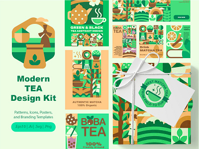 Tea Geometric Bauhaus Design Set abstract boba branding bubble cold drink design flat geometric graphic design green hot drink illustration logo mosaic pattern tea