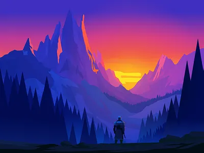 Lone Knight looking for adventure adventure background dark fantasy fantasy flat illustration forest game illustration landscape sunset vector