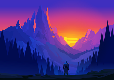 Lone Knight looking for adventure adventure background dark fantasy fantasy flat illustration forest game illustration landscape sunset vector
