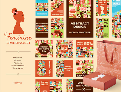 Geometric Feminine Design Kit abstract beauty branding business character design empower female feminine flat geometric graphic design illustration logo modern mosaic pattern salon silhouette vector