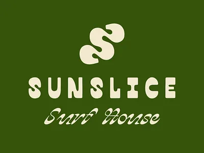 Sunslice Surf House Branding Logo branding custom font font hotel icon illustration logo ocean surf surfer surfing tropical typography vector waves