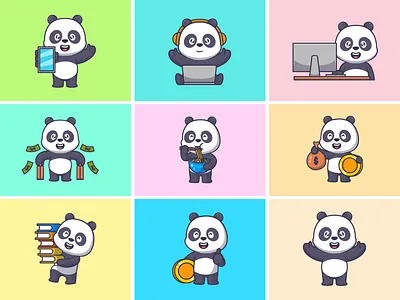 Cute Panda Activities animal blockchain branding cartoon character coin crypto cute design icon illustration kawaii logo mascot money nft panda technology ui ux