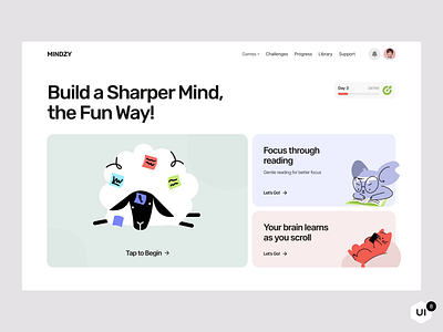 Mindzy website animals animation charachter design funny home page illustration illustration pack interaction iteraction landing landing page design motion graphics ui ux web web design website