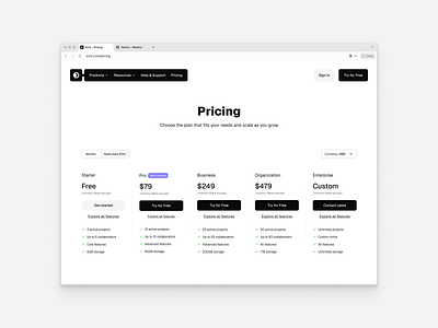 Pricing page branding choose your plan clean component currency eur features figma most popular package plans pricing pricing page product design saas segmented control ui usd ux web design