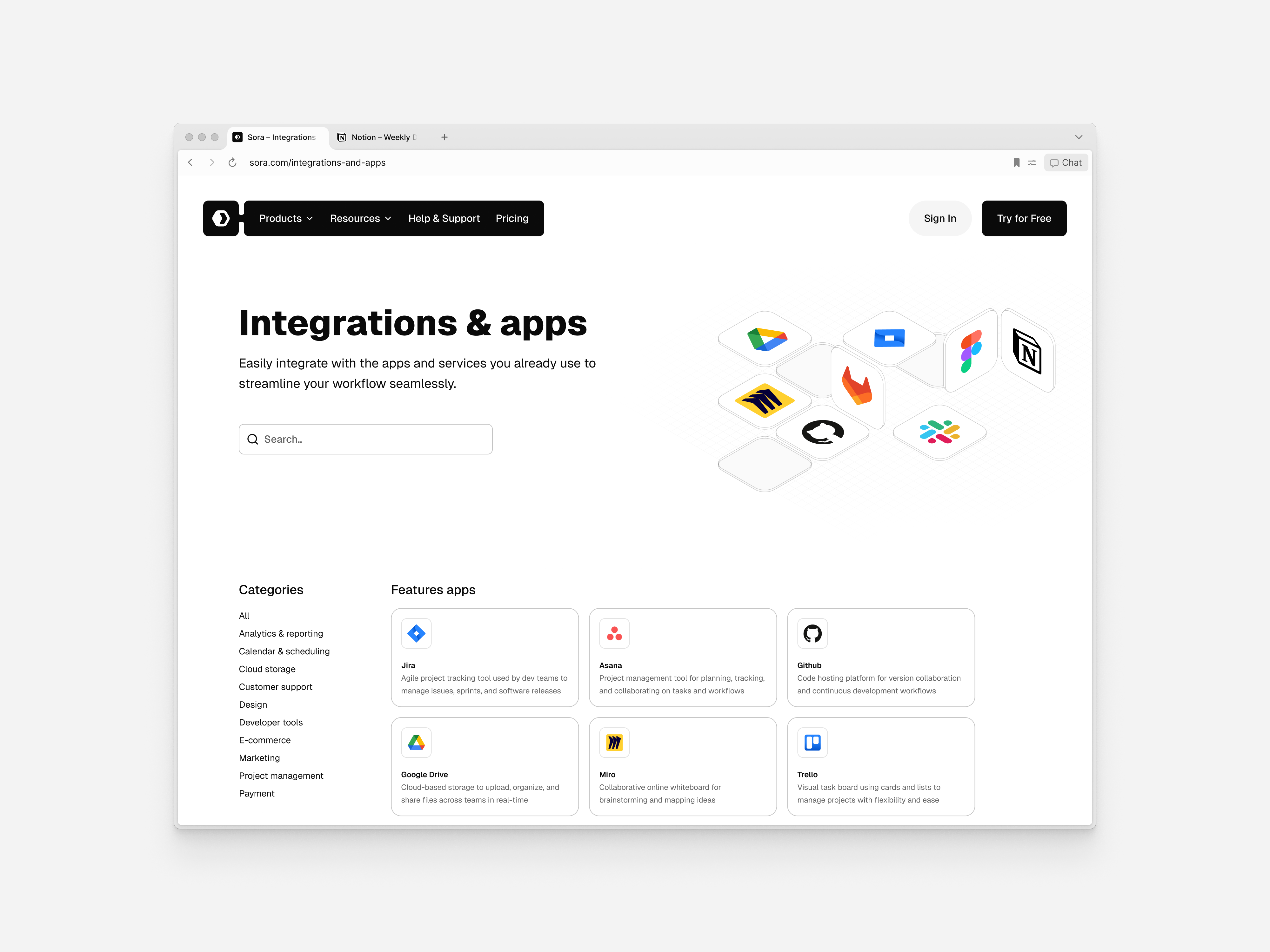 Integrations page banner cards categories clean ui components creative featured apps figma illustration integrations and apps integrations page landing page minimal navigation product design saas search ui ux web design