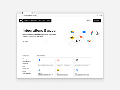 Integrations page banner cards categories clean ui components creative featured apps figma illustration integrations and apps integrations page landing page minimal navigation product design saas search ui ux web design