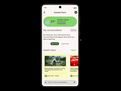 AgriChat - Mode Switch Test ai android app app design argitech chat chatbot dark mode figma homescreen interaction design light mode material design news prototype ui ux weather