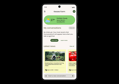 AgriChat - Mode Switch Test ai android app app design argitech chat chatbot dark mode figma homescreen interaction design light mode material design news prototype ui ux weather