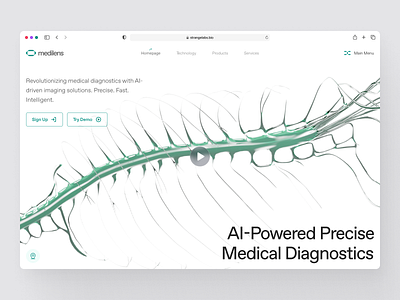 medilens: Precision Diagnostics & Imaging - Hero UI Pattern #2 3d anatomy 3d spine ai diagnosis website ai diagnostics ai medical imaging biotech landing page biotech web design biotech website clean clinical website diagnostics website medical diagnosis medical imaging medical imaging website minimal modern responsive smart diagnostic smart health website teal