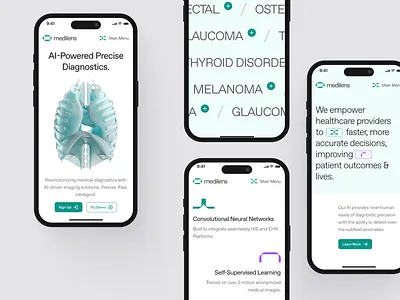 medilens: Precision Diagnostics - Mobile Overview UI ai diagnosis website ai diagnostics ai medical diagnostics ai medical imaging biotech landing page biotech web design biotech website clean diagnostics website medical diagnosis medical imaging medical imaging website minimal modern precision medicine responsive smart diagnosis smart diagnostic smart health website teal