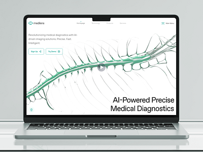 medilens: AI Medical Diagnostics - 3D Spine Hero Pattern UI 3d spine anatomy ai diagnosis website ai diagnostics ai medical diagnostics ai medical imaging biotech landing page biotech web design biotech website clean diagnostics website medical diagnosis medical imaging medical imaging website minimal modern responsive smart diagnosis smart diagnostic smart health website teal