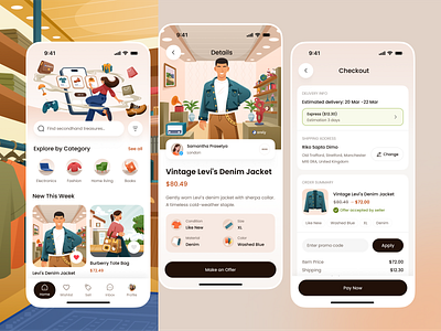 ThriftLoop - Secondhand Marketplace App 🛍 app clean design ecommerce fashion illustration marketplace mobile orely secondhand shopping sustainable ui ux