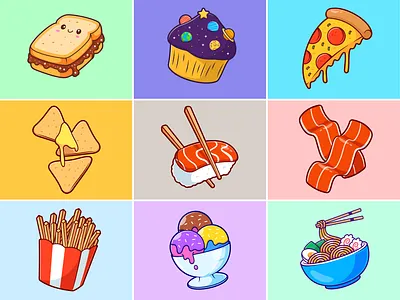 Random Food🍞🧁🍣🍨 beef branding bread cupcake cute doodle fast food flat food ice cream icon illustration logo menu noodle pizza potato ramen sushi tacos