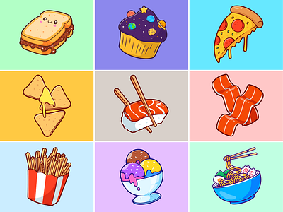 Random Food🍞🧁🍣🍨 beef branding bread cupcake cute doodle fast food flat food ice cream icon illustration logo menu noodle pizza potato ramen sushi tacos