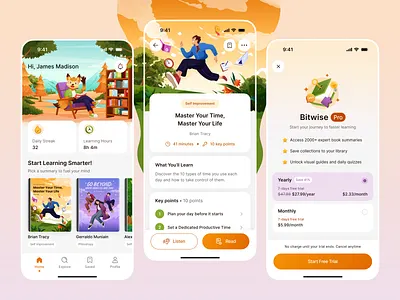 Bitwise - Microlearning App 📖 app bite sized books clean design education illustration knowledge learning mobile orely productivity subscription summary ui ux
