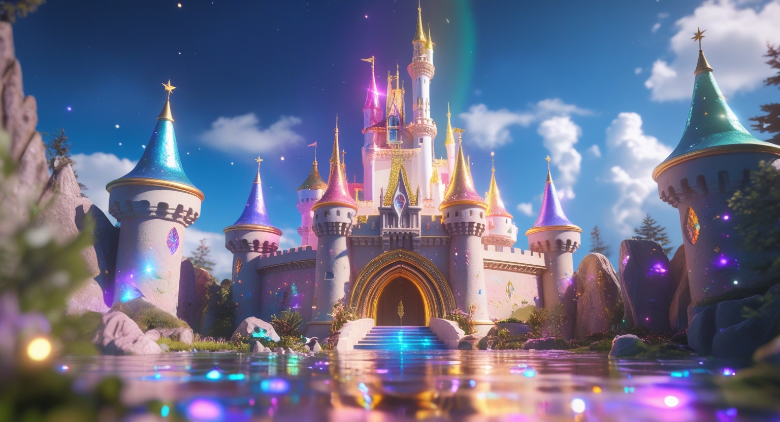 Mystical Rainbow/Opal Castle 3d 3d art ai art castle cgi colorful environment illustration medival mystical nature opal rainbow