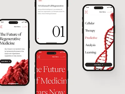 regenetix: AI Tissue Engineering & Cell Therapy - Mobile UI 3d dna bioengineering biology website biotech landing page biotech mobile biotech web design biotech website biotechnology cell therapy website clean gene therapy lab grown tissue minimal modern organ regeneration red regenerative medicine stem cell stem cell therapy tissue engineering