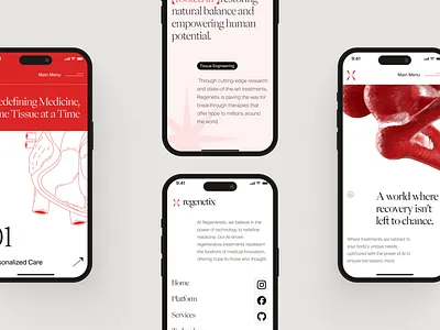 regenetix: AI Tissue Engineering & Cell Therapy - Mobile UI bioengineering biology website biotech landing page biotech mobile biotech web design biotech website biotechnology cell therapy website clean gene therapy lab grown tissue minimal modern organ regeneration red regenerative medicine stem cell stem cell therapy therapeutic website tissue engineering